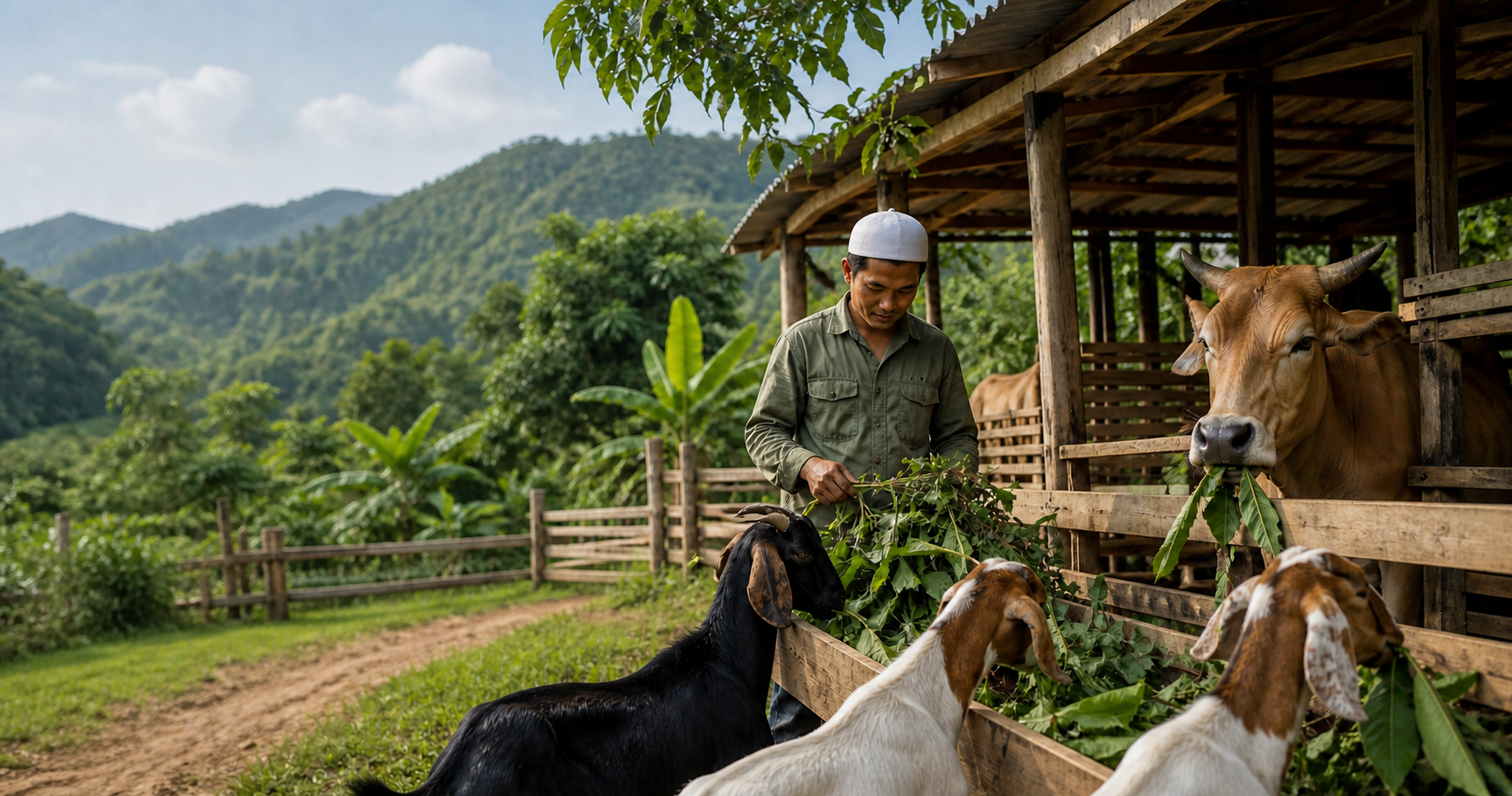 Healthy goats and cattle cared for on a clean rural farm in Vietnam